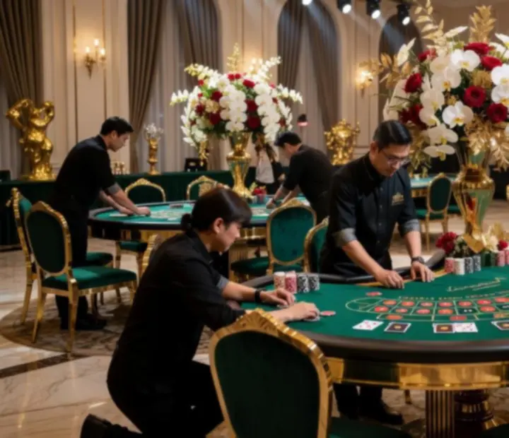 Kulisy przygotowań luksusowego eventu casino z mobilnymi stołami do gry i elegancką scenografią