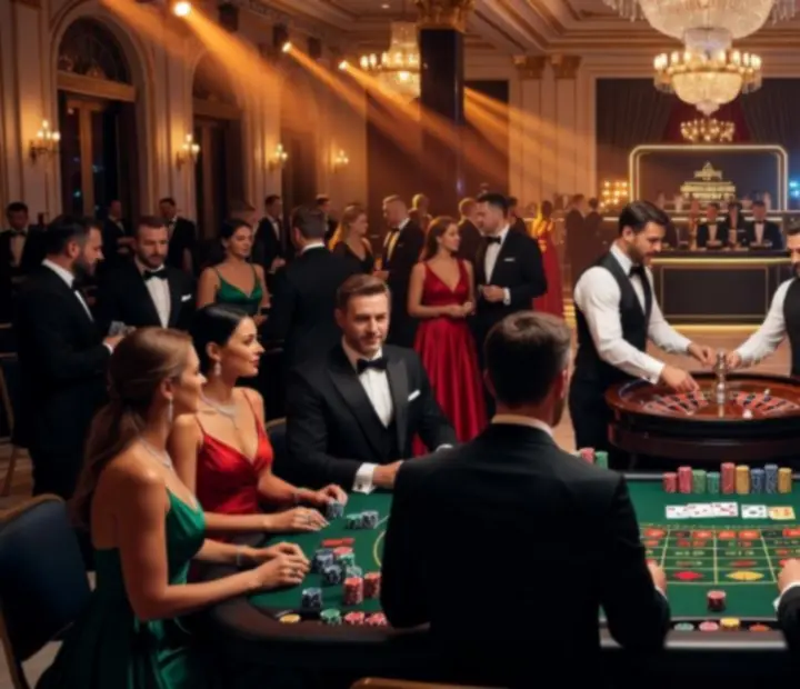 Korporacyjny wieczór tematyczny casino z elegancko ubranymi gośćmi przy stołach do ruletki i pokera
