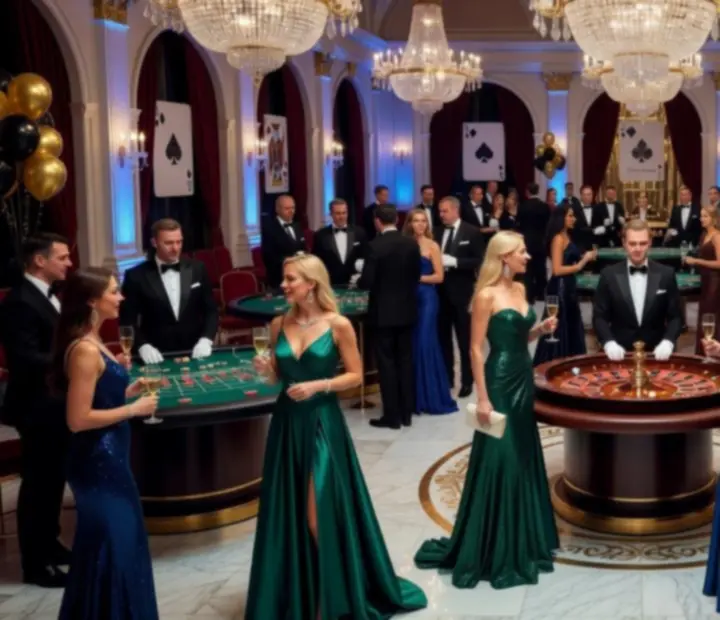 Luksusowa gala Casino Royal z eleganckimi stołami kasynowymi i gośćmi w wieczorowych kreacjach