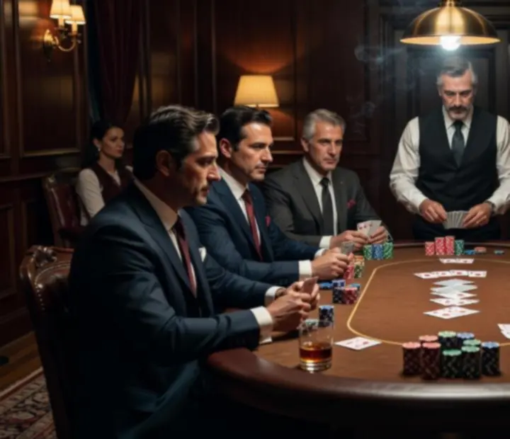 Profesjonalny stół do pokera z żetonami i gośćmi podczas wieczoru Poker Night