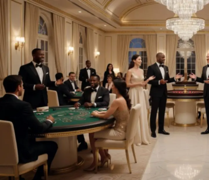 Ekskluzywny event w stylu kasyna z eleganckimi stołami do pokera, ruletki i blackjacka