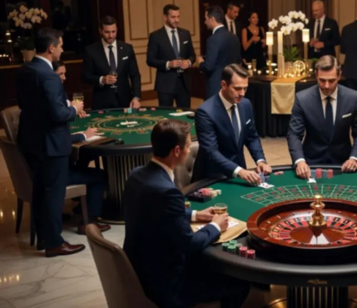 Mobilne kasyno na eleganckim evencie firmowym z pokerem, ruletką i blackjackiem