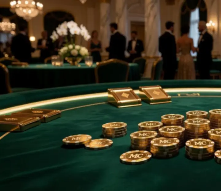 Elegancka aranżacja stołu pokerowego z podświetlaną krawędzią i złotymi akcentami