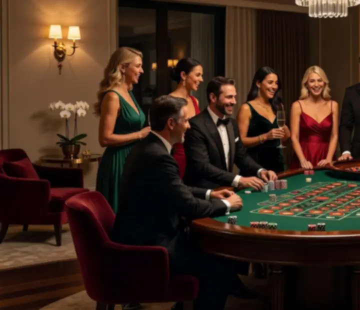 Kameralna prywatna impreza casino z gośćmi bawiącymi się przy mobilnym stole do ruletki